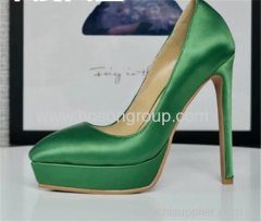 Green satin cloth lady stiletto heel party shoes