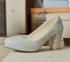 Chunky heel rhinesone women wedding shoes