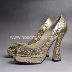 Shiny paillette peep toe lady high heel dress shoes
