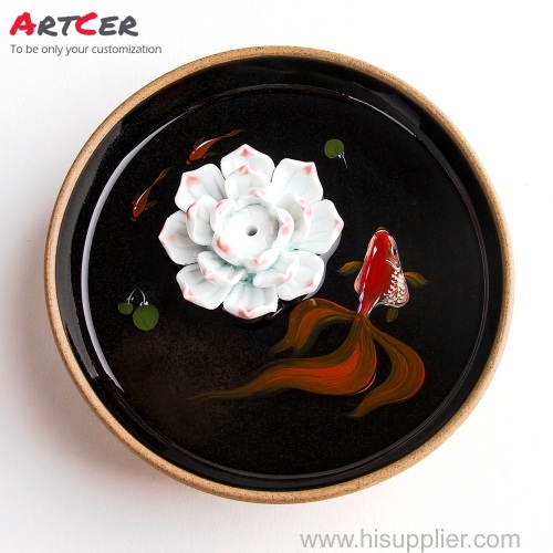 ODM & OEM Handmade 3D Customized Ceramic white Lotus Goldfish Stick Incense Burner Holder