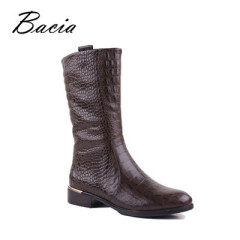 Embossed Natural Cow Leather Boots Plush Women mid-calf Shoes