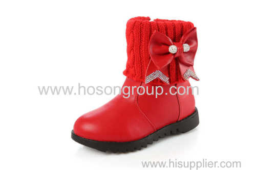 Children round toe PU and knitting ankle boots