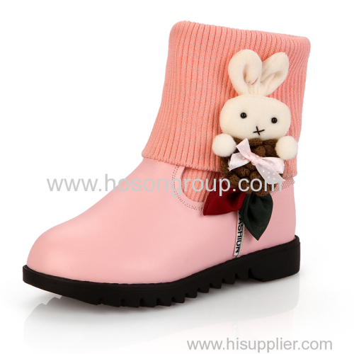 Rabbit decoration PU and knitting children ankle boots