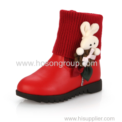 Rabbit decoration PU and knitting kids boots