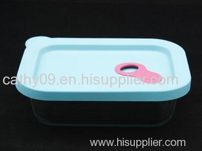 Square glass food container with silicone lid