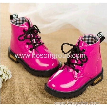Shiny PU patent leather kids ankle lace boots