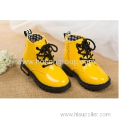 Shiny PU patent leather kids ankle lace boots