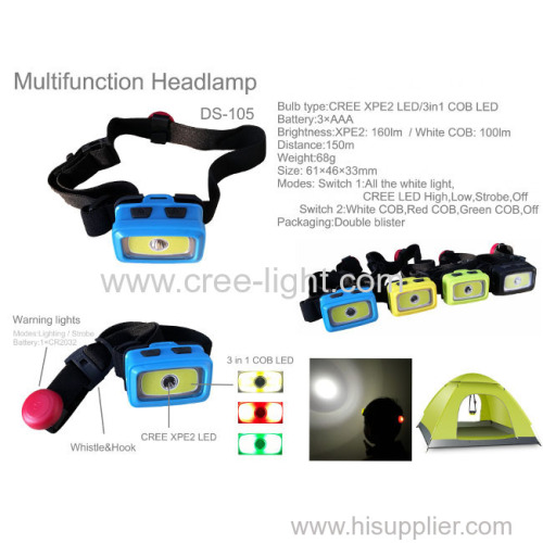 multifucntion 3w cob led camping headlamp with warining light