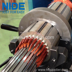 Long stack length pump motor stator coil winding inserting machine