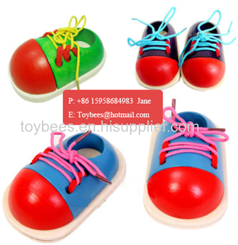 Wooden Lacing Shoe Toy Toddler Baby Kids Early Montessori Educational Toy