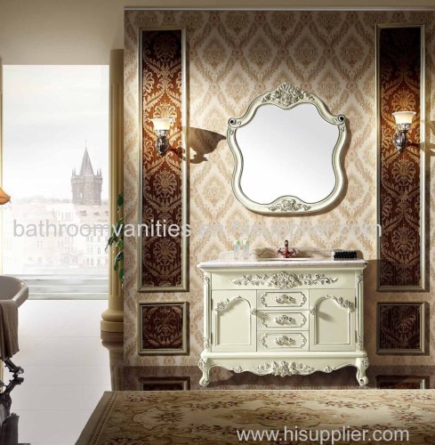 Ivory White Have Craved Wooden Bathroom Vanity With Silver Leaf Decro