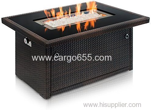 Outdoor Propane Gas Fire Pit Table Black Tempered Glass Tabletop w/Arctic Ice Glass Rocks and Resin Wicker Panels