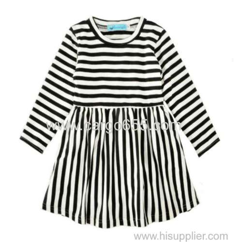 Spring Kids Ready Made Garment Little Girls Long Sleeve Dresses Strip Baby Cotton Frocks