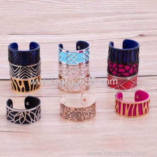 Interchangeable Customize Color Stainless Steel Wide Cuff Leather Bangle Bracelet For Women