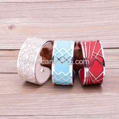 Interchangeable Customize Color Stainless Steel Wide Cuff Leather Bangle Bracelet For Women