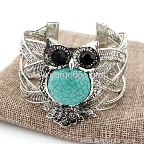 New Statement Punk Style Jewelry Vintage Owl Wide Alloy Cuff Bangle&Bracelet With Turquoise