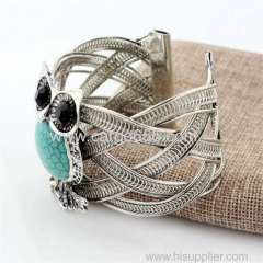 New Statement Punk Style Jewelry Vintage Owl Wide Alloy Cuff Bangle&Bracelet With Turquoise