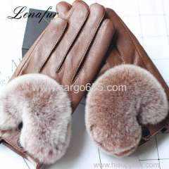 Sheepskin Mittens Rabbit Fur Cuff Lambskin Winter Gloves