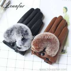 Sheepskin Mittens Rabbit Fur Cuff Lambskin Winter Gloves
