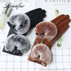 Sheepskin Mittens Rabbit Fur Cuff Lambskin Winter Gloves