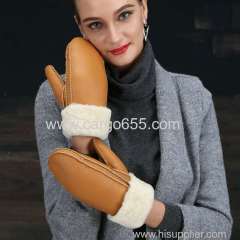 China Manufacturer Women Real Shearling Mitten Mouton Winter Warm Fur Leather Gloves