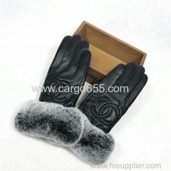 Casual Fashion Real Fur Trim Cuff Glove Winter Warm Women Sheepskin Leather Mitten