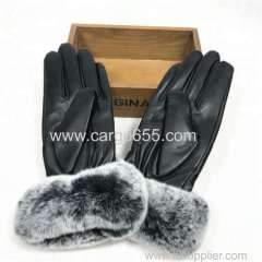 Casual Fashion Real Fur Trim Cuff Glove Winter Warm Women Sheepskin Leather Mitten