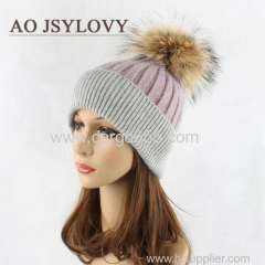 Fancy Winter Knit High Quality Plain Hat Beanies With Large Fur Pompom