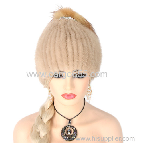 Fashion Knitted Hats Beige Winter Warm Women Real Mink Fur Hat