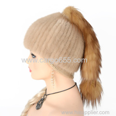 Fashion Knitted Hats Beige Winter Warm Women Real Mink Fur Hat