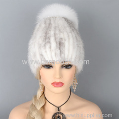 Fashion Knitted Hats Beige Winter Warm Women Real Mink Fur Hat