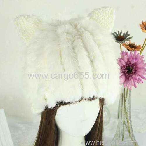 White cat ear hat cap handmade winter lady girl rabbit fur knitted hats