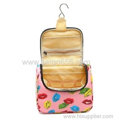 Printed hanging toiletry bag for girls microfiber printed travel cosmetic bag pink flower hanging make up bag