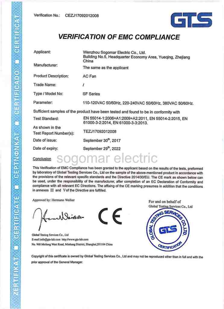 CE-EMC certificate for axial fan