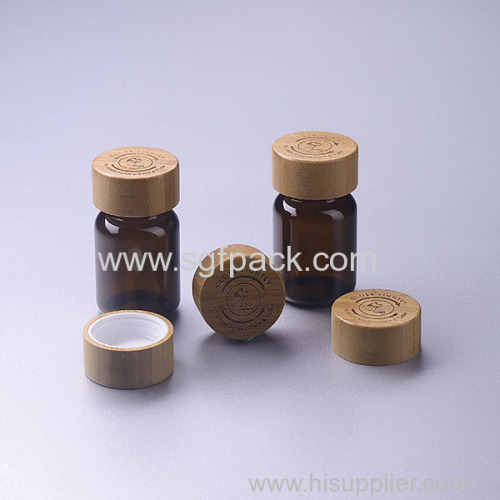 100ml amber pill jar capsule glass bottle with bamboo child proof CR lid