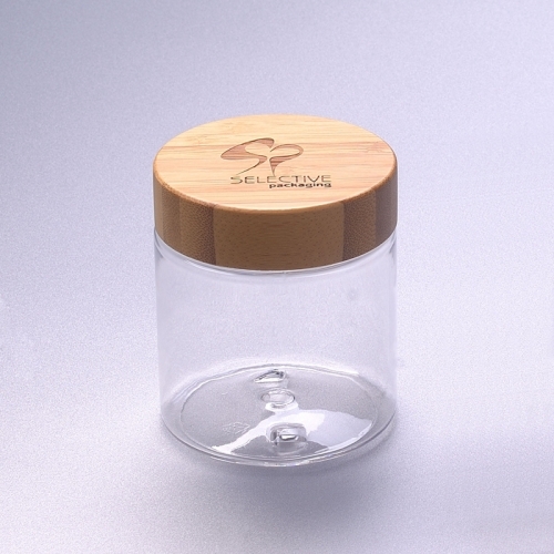 Eco friendly 250g clear transparent pet jar cosmetic jar with bamboo cap screw cup lid plastic jar with wooden cap