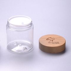 Eco friendly 250g clear transparent pet jar cosmetic jar with bamboo cap screw cup lid plastic jar with wooden cap