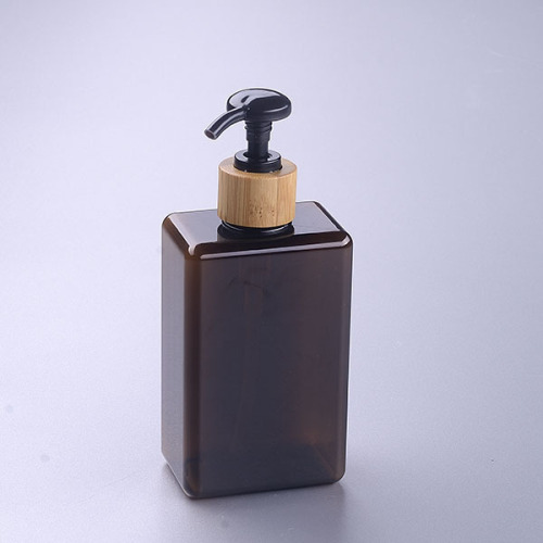 280ml brown square pet bottle with bamboo pump Plastic Body Wash Bottles