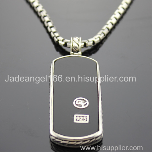 925 Sterling Silver Black Agate Dog Tag Men Necklace