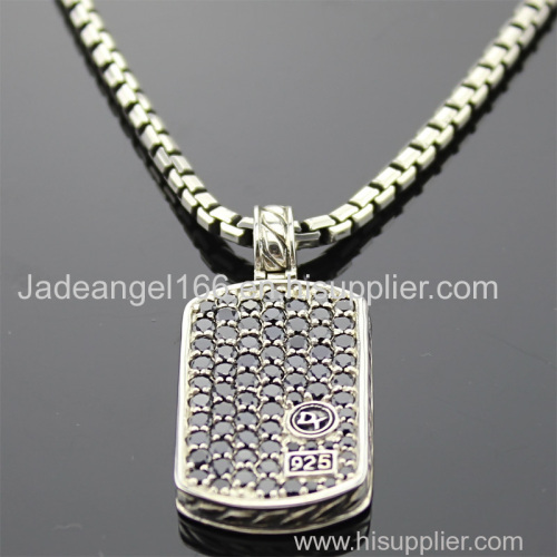 925 Sterling Silver Black Cubic Zircon Diamonds Dog Tag Necklace