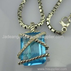 925 Sterling Silver 15x20m Blue Topaz Cable Wrapped Enhancer with Chain