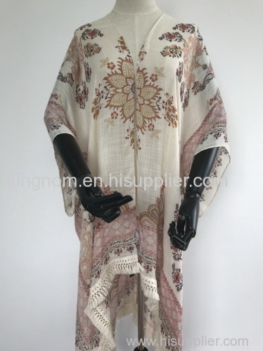 viscose paisley printed poncho with cotton lace tape