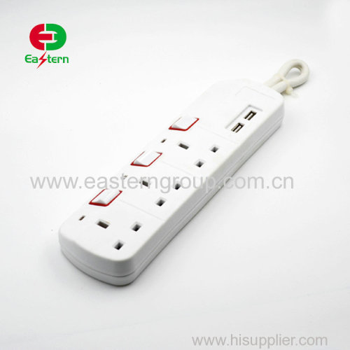 UK extension power strip 3 way with 2 USB with switch socket