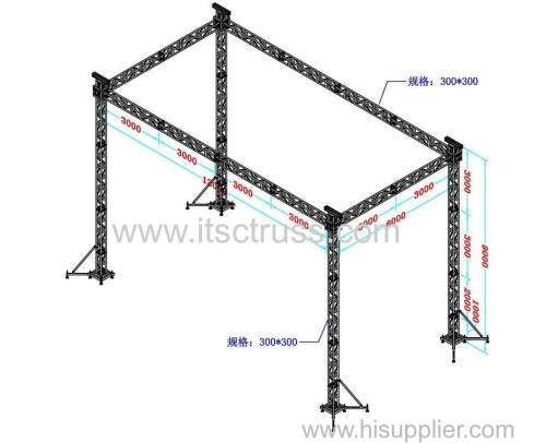 Flat roof lighting truss rigging with 4 towers