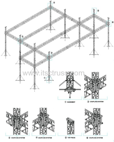 Aluminum truss rigging system flat roof with 10 towers and soundwings