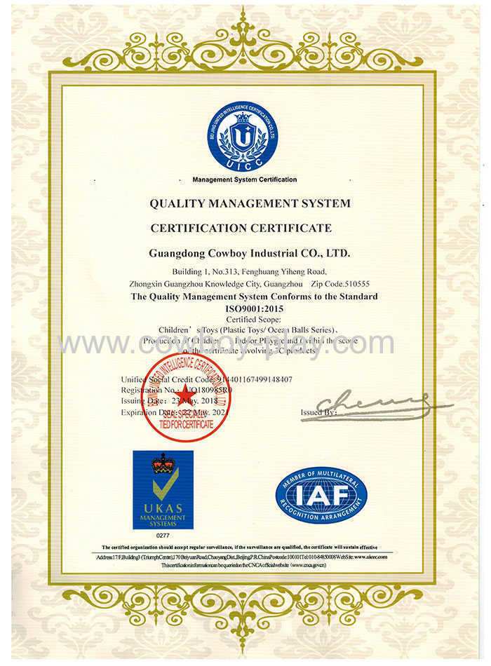 ISO 9001 Certification - Guangdong Cowboy Industrial Co.,Ltd