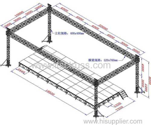 Flat roof lighting truss rigging with 4 towers