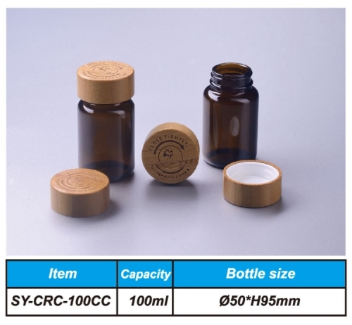 100ml amber glass pill jar capsule bottle with bamboo child resistant cap