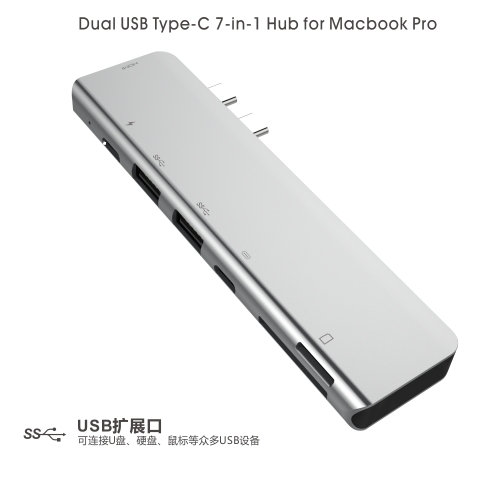 MC Aluminium Dual USB C Hub with 2*USB3.0 SD/TF Card Reader TypeC Hub Charging Thunderbolt Data Transfer for Macbook Pro