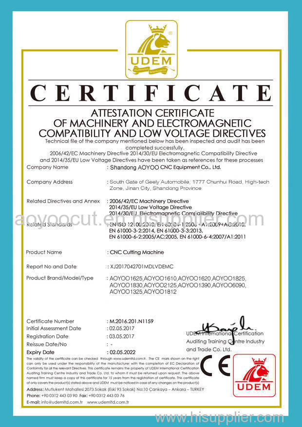 AOYOO CNC Knife Machine CE Certificates